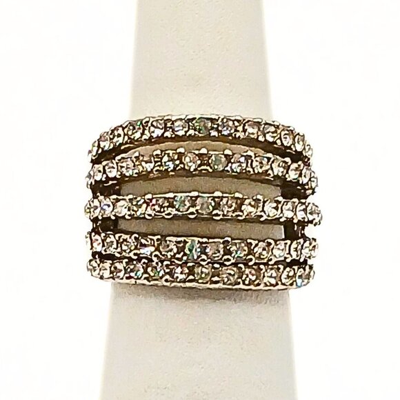 Estate Jewelry - Silver Plated Four Row Pave Cubic Zirconium Encrusted Ring 6 Elegant Formal